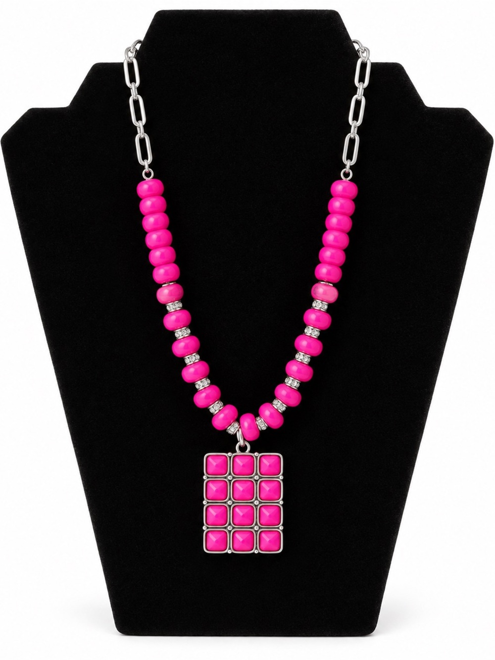 Bright Pink Beaded Pendant Necklace with Silver Accents